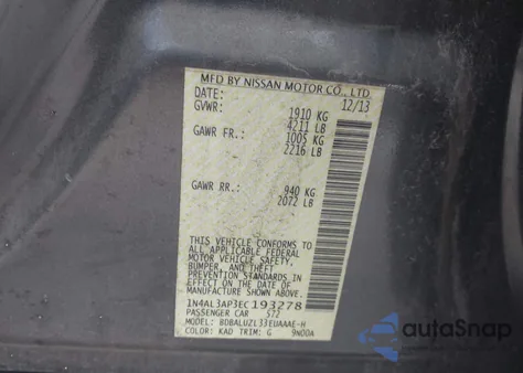 2014 Nissan Altima 2.5/S/Sv/Sl из США, поврежденный, VIN 1N4AL3AP3EC193278